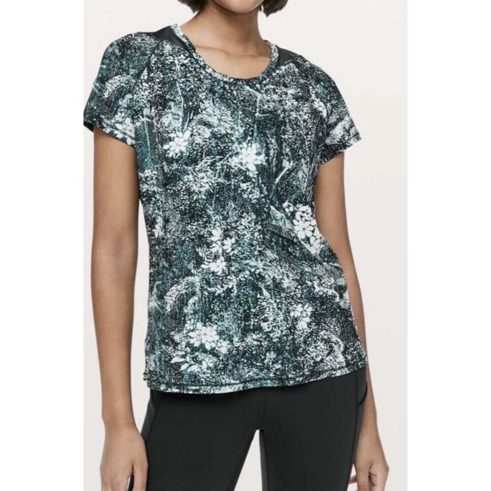 Lululemon Seek‎ the Heat Short Sleeve Womens Size 8 Wildwood White Multi Teal